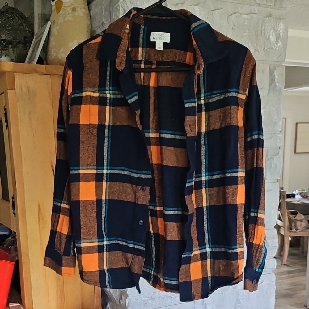 Navy And  Orange Flannel Shirt